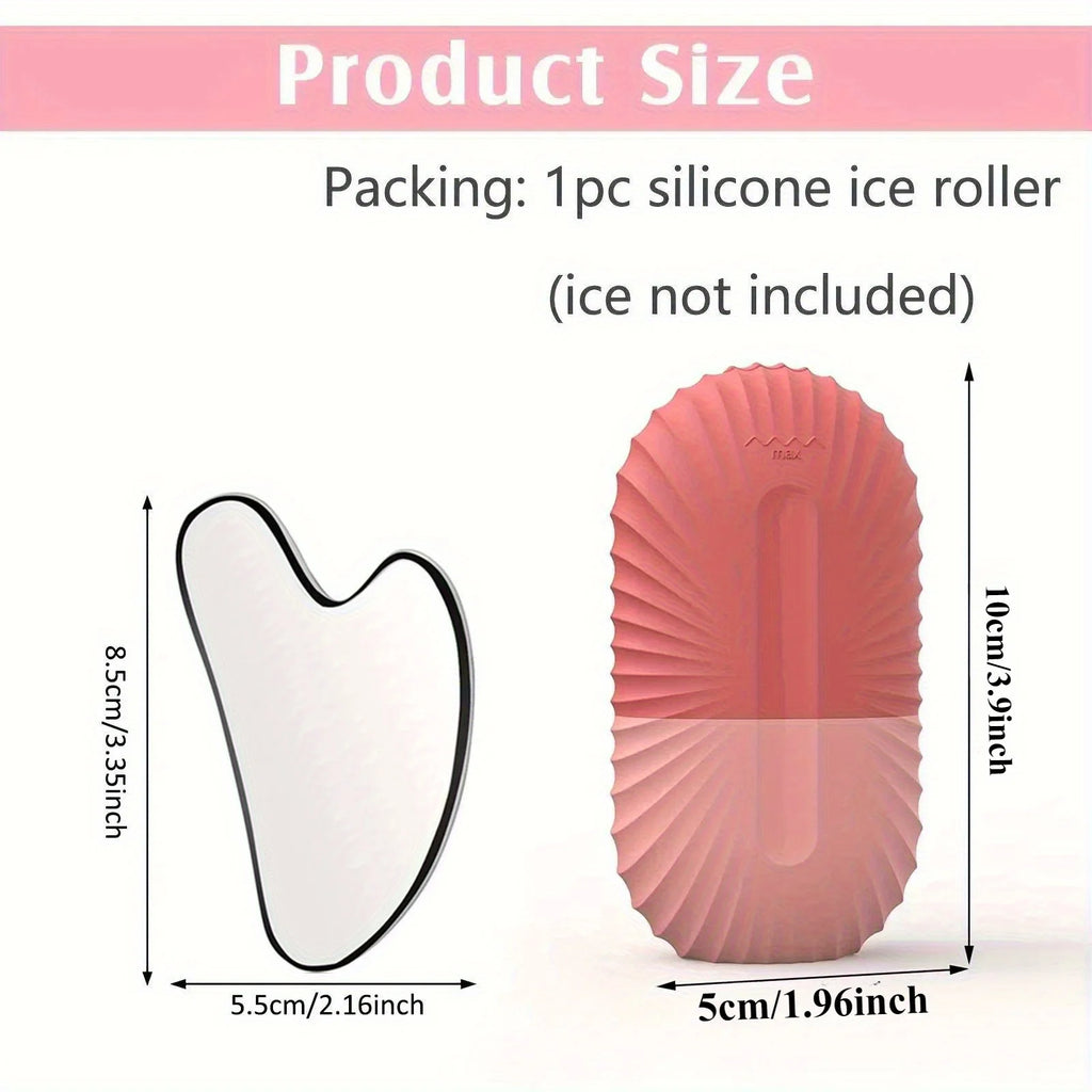 Kit de Rolo Facial de Gelo Reutilizável + Gua Sha em Aço Inoxidável para Cuidados com a Pele, Massagem Facial, Lifting e Contorno Facial.