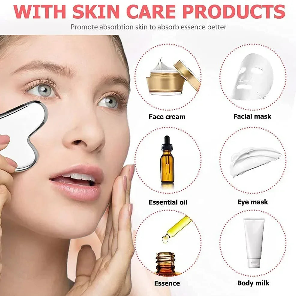 Kit de Rolo Facial de Gelo Reutilizável + Gua Sha em Aço Inoxidável para Cuidados com a Pele, Massagem Facial, Lifting e Contorno Facial.