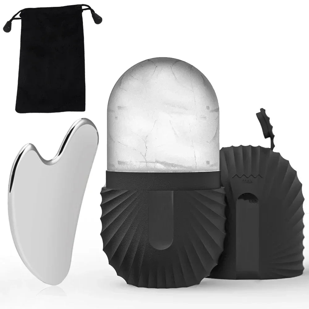 Kit de Rolo Facial de Gelo Reutilizável + Gua Sha em Aço Inoxidável para Cuidados com a Pele, Massagem Facial, Lifting e Contorno Facial.