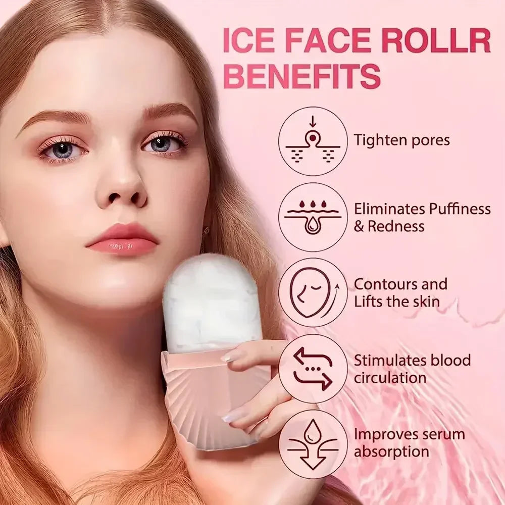 Kit de Rolo Facial de Gelo Reutilizável + Gua Sha em Aço Inoxidável para Cuidados com a Pele, Massagem Facial, Lifting e Contorno Facial.