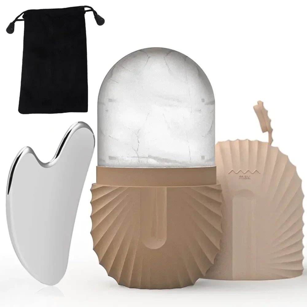 Kit de Rolo Facial de Gelo Reutilizável + Gua Sha em Aço Inoxidável para Cuidados com a Pele, Massagem Facial, Lifting e Contorno Facial.