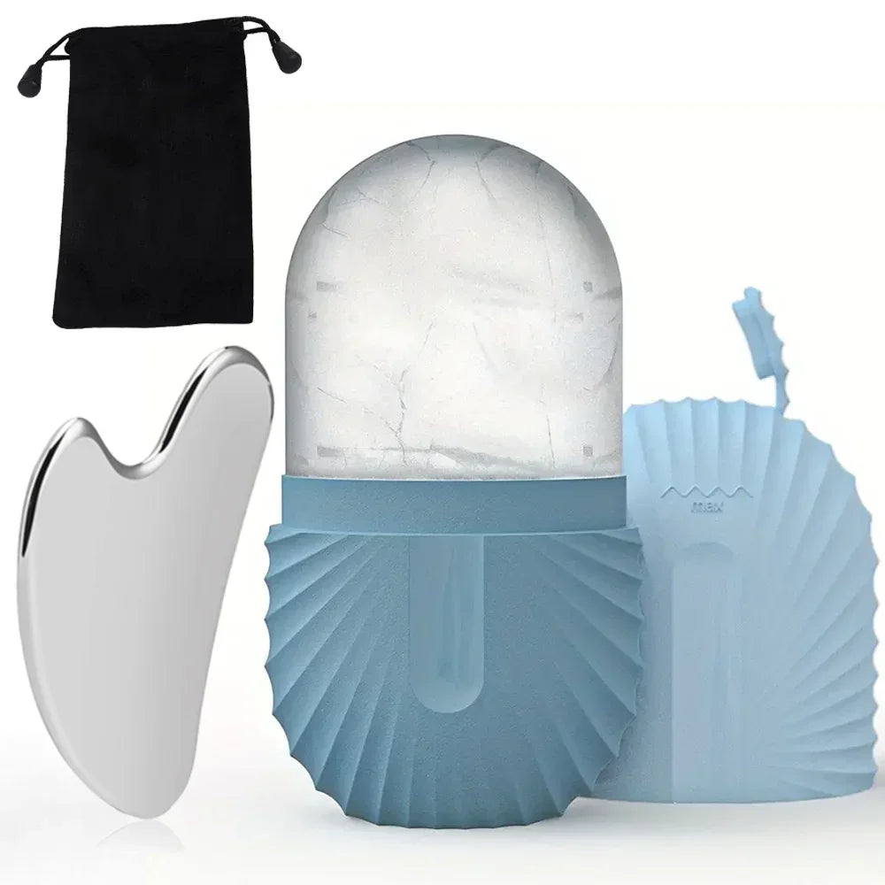 Kit de Rolo Facial de Gelo Reutilizável + Gua Sha em Aço Inoxidável para Cuidados com a Pele, Massagem Facial, Lifting e Contorno Facial.
