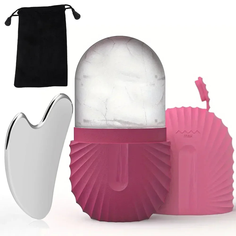Kit de Rolo Facial de Gelo Reutilizável + Gua Sha em Aço Inoxidável para Cuidados com a Pele, Massagem Facial, Lifting e Contorno Facial.