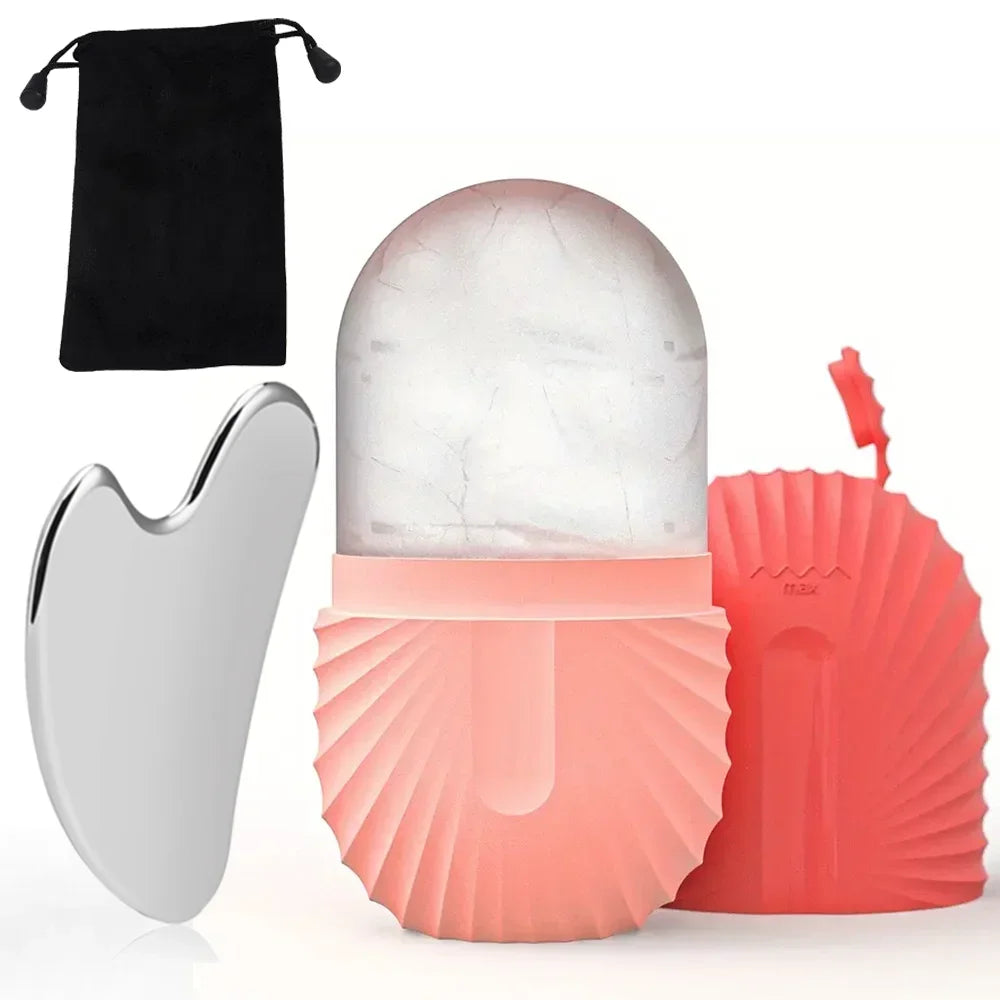 Kit de Rolo Facial de Gelo Reutilizável + Gua Sha em Aço Inoxidável para Cuidados com a Pele, Massagem Facial, Lifting e Contorno Facial.