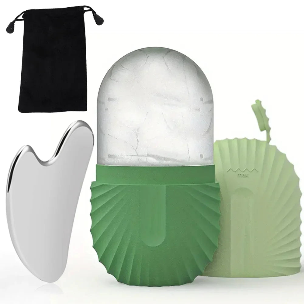 Kit de Rolo Facial de Gelo Reutilizável + Gua Sha em Aço Inoxidável para Cuidados com a Pele, Massagem Facial, Lifting e Contorno Facial.
