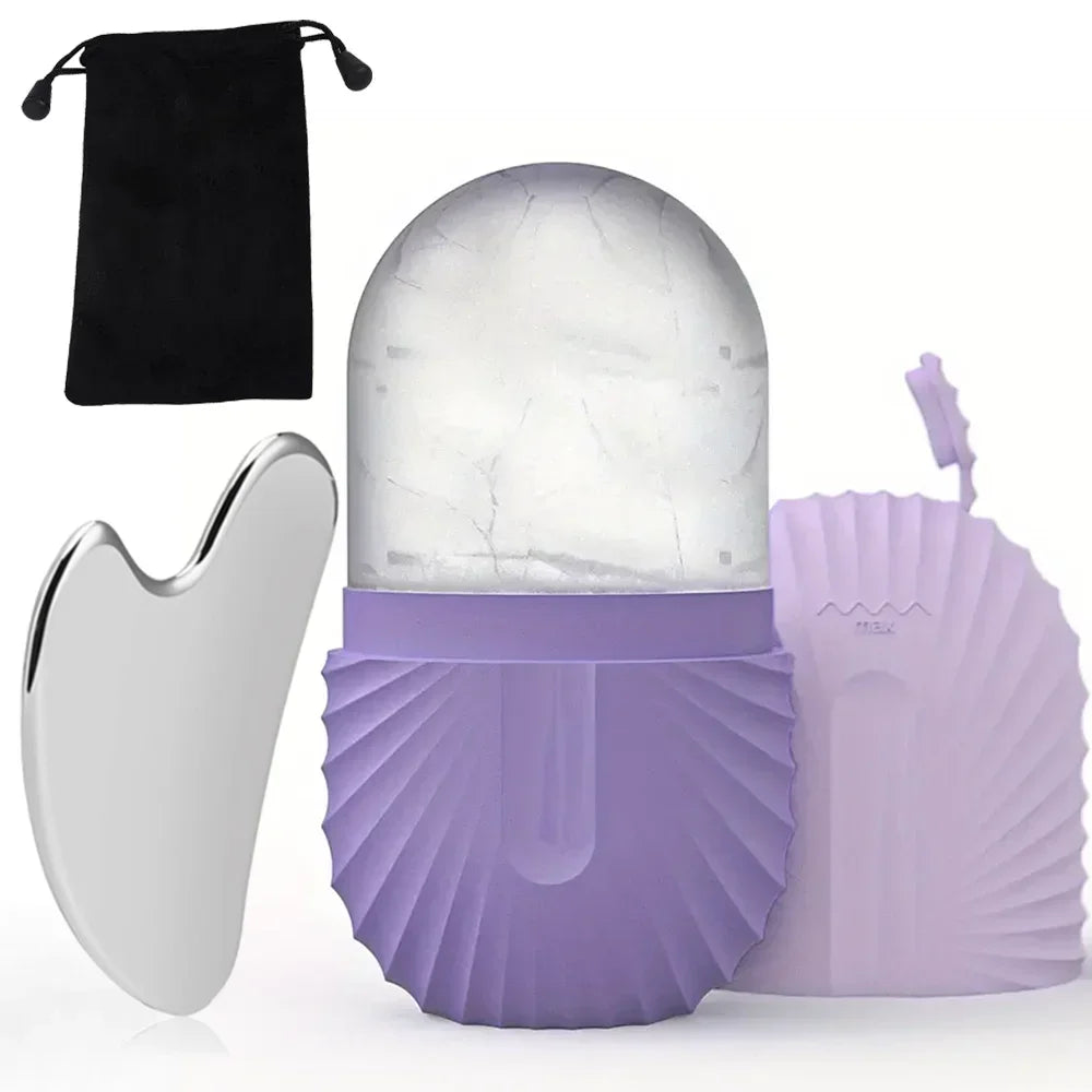 Kit de Rolo Facial de Gelo Reutilizável + Gua Sha em Aço Inoxidável para Cuidados com a Pele, Massagem Facial, Lifting e Contorno Facial.